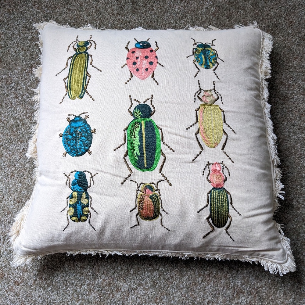 Beetles & Bugs Embroidered Throw Pillow